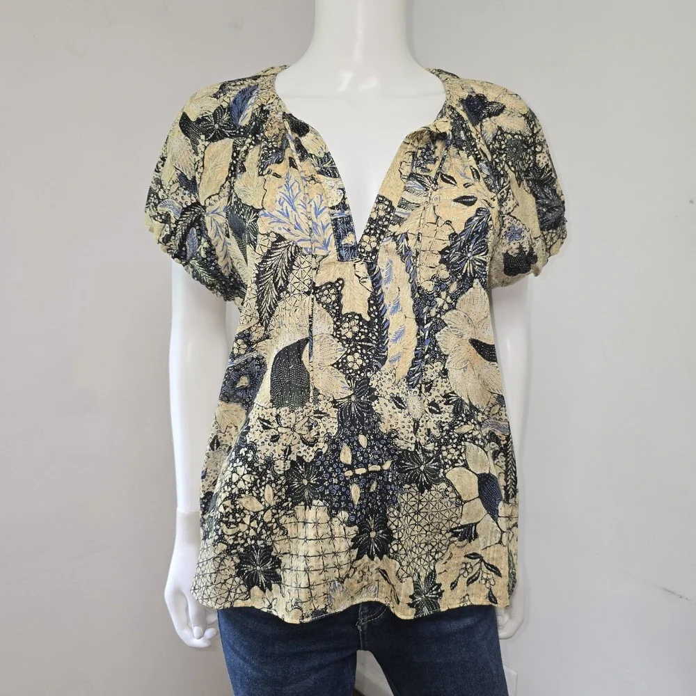 Ulla Johnson Issa Top Bellflower Batik Floral Size 4 Bohemian Puff Sleeve Shirt